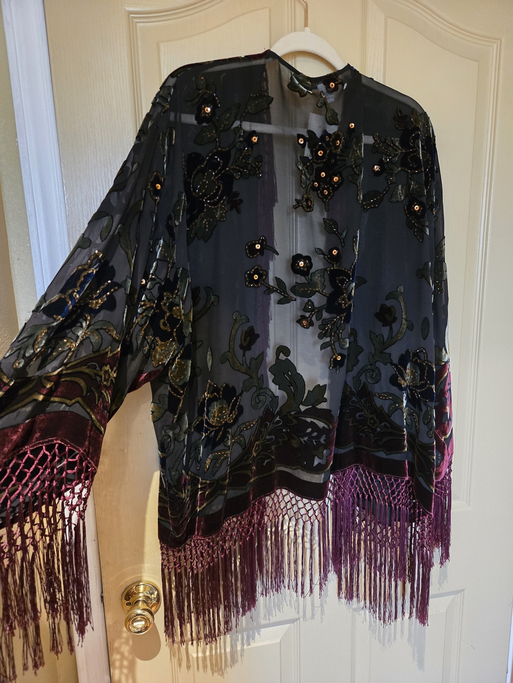 DRAPERS & DAMONS: Sheer Black Floral Embroidered Fringe Kimono with Accents - Picture 2 of 4